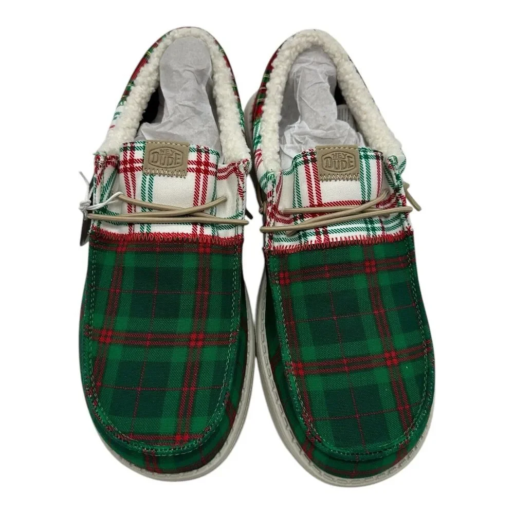 Hey Dude Wally Tri Tartan Plaid Loafer Mens 12 Green White Red Slip On Christmas